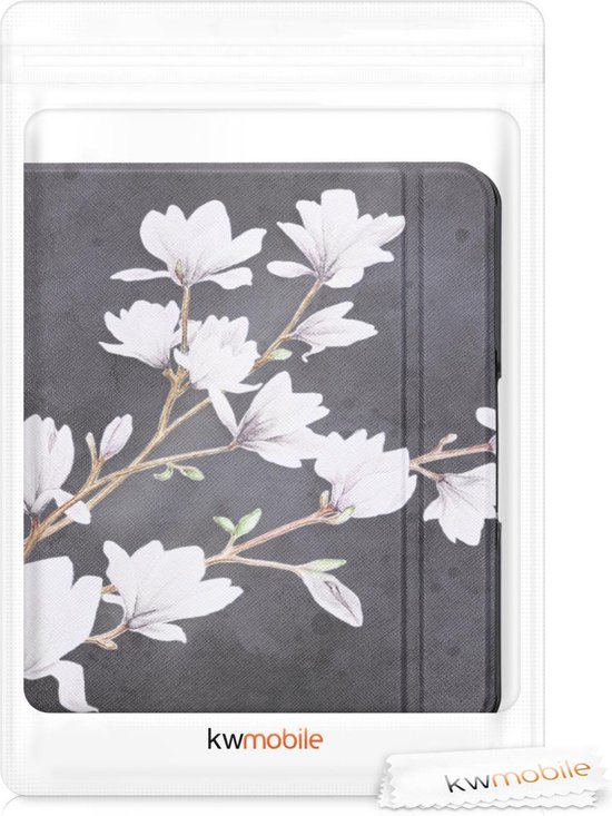 kwmobile e-reader hoesje geschikt voor Kobo Forma hoes - E reader flip case met magnetische sluiting - Ereader cover - Magnolia design in taupe / wit / donkergrijs van Merkloos — afbeelding 3