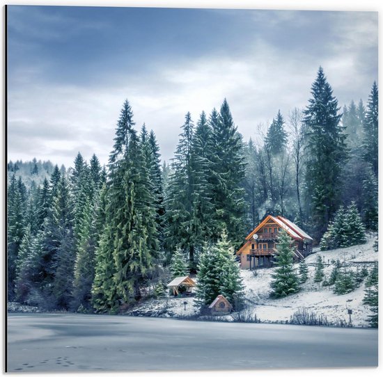 Dibond - Huisje op Ski Berg - 50x50cm Foto op Aluminium (Met Ophangsysteem)
