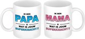 Papa en Mama superkracht mok - Cadeau beker set voor Papa en Mama - Moederdag en Vaderdag cadeautje