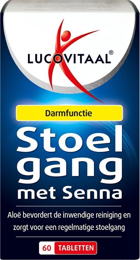 Lucovitaal Stoelgang met Senna verpakking met 60 tabletten. De verpakking heeft een blauw en wit design met een rode figuur.