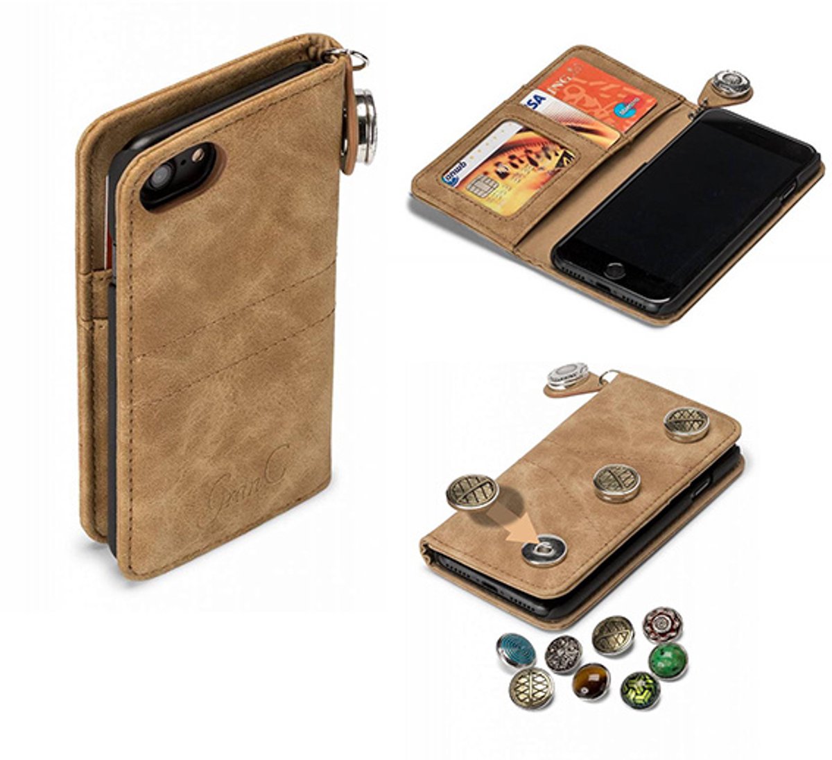 GranC - drukknopen wallet hoes - Geschikt voor iPhone SE (2022 / 2020) / 8 / 7 / 6(s) - taupe