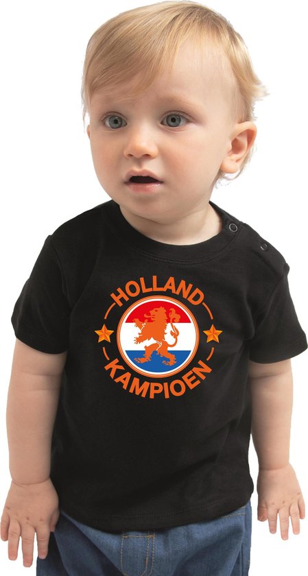 Zwart fan t-shirt voor baby / peuters - Holland kampioen met leeuw - Nederland supporter - EK/ WK shirt / outfit 98