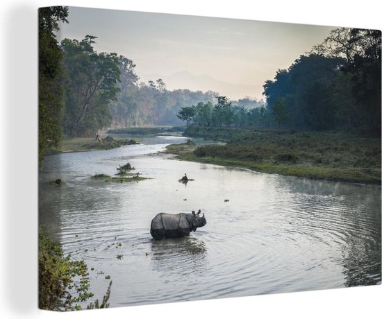 Neushoorn steekt de rivier over in het Nationaal park Chitwan in Nepal Canvas 140x90 cm - Foto print op Canvas schilderij (Wanddecoratie woonkamer / slaapkamer)