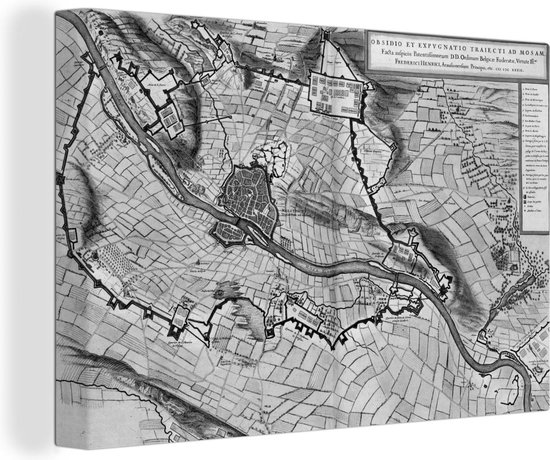 Plan historique de la ville de Maastricht en noir et blanc - Plan d'étage 60x40 cm - Tirage photo sur toile (Décoration murale salon / chambre)