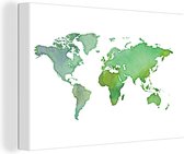 Wereldkaart réalisée à l'aquarelle et aux couleurs vertes sur fond blanc 120x80 cm