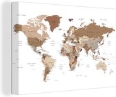 Canvas Wereldkaart - 90x60 - Wanddecoratie Wereldkaart - Simpel - Bruin