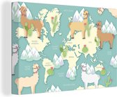 Canvas Wereldkaart - 140x90 - Wanddecoratie Wereldkaart - Alpaca - Bergen