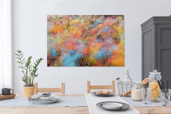 Les nuages de poudre colorés pendant la toile du festival Holi 120x80 cm - Tirage photo sur toile (Décoration murale salon / chambre)