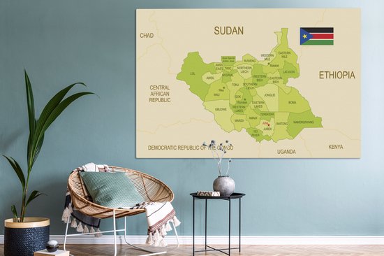 Une illustration d'une carte verte du Soudan du Sud 180x120 cm - Tirage photo sur toile (Décoration murale salon / chambre) XXL / Groot format!
