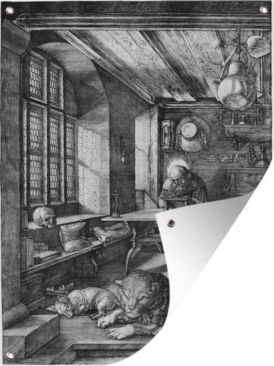 Tuinschilderij Sint Hiëronymus in zijn studeerkamer - schilderij van Albrecht Dürer - 60x80 cm - Tuinposter - Tuindoek - Buitenposter