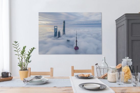 Canvas Schilderij Wolkenkrabber - Mist - Shanghai - 120x80 cm - Wanddecoratie
