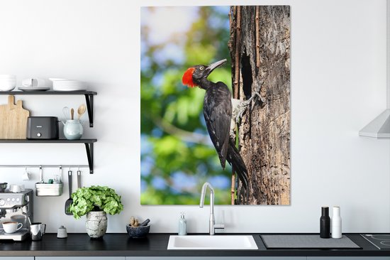 Peintures sur toile - Un pic noir avec une crête rouge dans l'arbre - 90x120 cm - Décoration murale