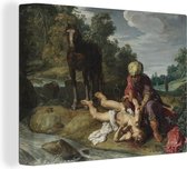 Canvas Schilderij De Barmhartige Samaritaan verzorgt de gewonde reiziger - Schilderij van Pieter Lastman - 40x30 cm - Wanddecoratie