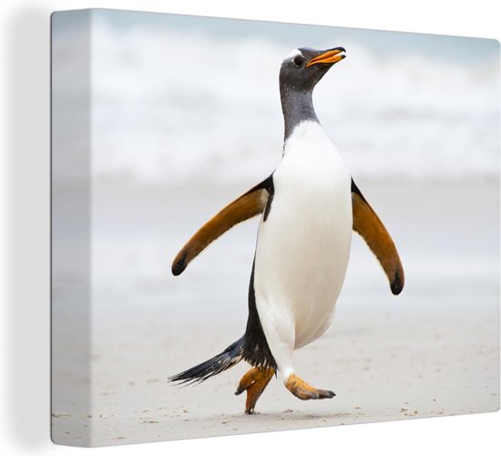 Canvas Schilderij Een pinguïn rent over het strand - 120x90 cm - Wanddecoratie