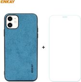 Voor iPhone 11 ENKAY ENK-PC0282 2 in 1 Business Series Stof Textuur PU Leer + TPU Soft Slim Case Cover ＆ 0.26mm 9H 2.5D Gehard Glas Film (Blauw)