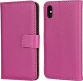 Leren horizontale flip-holster voor iPhone X / XS met magnetische sluiting en beugel en kaartsleuf en portemonnee (magenta)