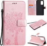 Voor Samsung Galaxy A72 5G Tree & Cat Pattern Pressed Printing Horizontale Flip PU Leather Case met houder & kaartsleuven & portemonnee & Lanyard (Rose goud)