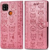 Voor Geschikt voor Xiaomi Redmi 9C Leuke Kat en Hond Reliëf Horizontale Flip Leren Case met Houder & Kaartsleuven & Portemonnee & Lanyard (Roze)