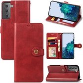 Voor Samsung Galaxy S21 5G retro effen kleur lederen gesp telefoonhoes met lanyard & fotolijst & kaartsleuf & portemonnee & standaardfunctie (rood)