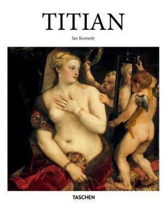 Titian: Een boek met een schilderij van Venus die zich in een spiegel bekijkt, met cherubijnen die helpen.