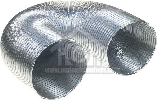 Zilverkleurige aluminium flexibele slang, gebogen.