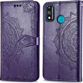 Voor Huawei Honor 9X Lite Reliëf Mandala-patroon TPU + PU Horizontale Flip Leren Case met Houder & Kaartsleuven & Portemonnee (Paars)