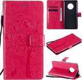 Voor Huawei Enjoy 20 Plus 5G Tree & Cat Pattern Pressed Printing Horizontale Flip PU Leather Case met houder & kaartsleuven & portemonnee & Lanyard (Rose Red)