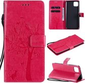Voor Huawei Enjoy 20 5G Tree & Cat Pattern Pressed Printing Horizontale Flip PU Leather Case met houder & kaartsleuven & portemonnee & Lanyard (Rose Red)