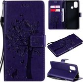 Voor OnePlus Nord N100 Tree & Cat Pattern Pressed Printing Horizontale Flip PU lederen hoes met houder & kaartsleuven & portemonnee & lanyard (paars)