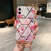 Voor iPhone 12/12 Pro Plating Marble Pattern Soft TPU beschermhoes met schouderriem (Retro Flower)