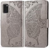 Voor Galaxy A41 Butterfly Love Flower reliëf horizontale flip lederen tas met beugel / kaartsleuf / portemonnee / lanyard (grijs)