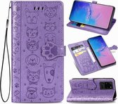 Voor Galaxy S20 Ultra Leuke Kat en Hond Reliëf Horizontale Flip PU Leren Case met Houder / Kaartsleuf / Portemonnee / Lanyard (Paars)