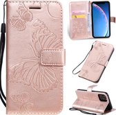 Geperst afdrukken Vlinderpatroon Horizontale flip PU lederen tas met houder & kaartsleuven & portemonnee & lanyard voor iPhone 11 Pro (roségoud)
