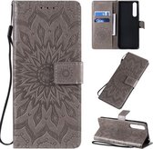 Voor Sony Xperia 1 II Geperst Afdrukken Zonnebloempatroon Horizontale Flip PU-lederen Case met Houder & Kaartsleuven & Portemonnee & Lanyard (Grijs)