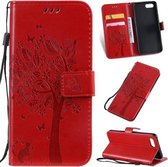 Tree & Cat Pattern Pressed Printing Horizontale Flip PU lederen tas met houder & kaartsleuven & portemonnee & lanyard voor OPPO A1K / C2 (rood)