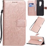 Voor OnePlus 8 Pro Geperst Afdrukken Zonnebloempatroon Horizontale Flip PU-lederen hoes met houder & kaartsleuven & portemonnee & lanyard (roségoud)