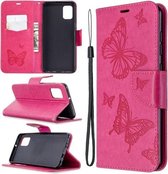 Voor Samsung Galaxy A31 Twee Vlinders Embossing Patroon Horizontale Flip Leren Case met Houder & Kaartsleuf & Portemonnee & Lanyard (Rose Rood)