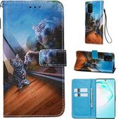 Voor Galaxy M80s Gekleurde Tekening Patroon Plain Weave Horizontale Flip Leren Case met Houder & Kaartsleuf & Portemonnee & Lanyard (Spiegel Kat)
