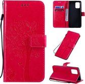 Voor Galaxy A91 / M80S Tree & Cat Pattern Pressed Printing Horizontale Flip PU Leather Case met houder & kaartsleuven & portemonnee & Lanyard (Rose Red)