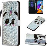 Voor Galaxy A21 - Leren hoesje met glitterpatroon met links en rechts met beugel en kaartsleuf en portemonnee en draagkoord (Panda)