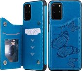 Voor Galaxy S20 Plus vlinder reliëfpatroon schokbestendig beschermhoes met houder & kaartsleuven en fotolijst (blauw)