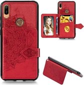 Voor Huawei Y6 (2019) Mandala Reliëf Magnetische Doek PU + TPU + PC Case met Houder & Kaartsleuven & Portemonnee & Fotolijst & Riem (Rood)