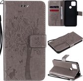 Voor Google Pixel 4a 5G / Pixel 5 XL Boom & Kat Reliëfpatroon Horizontale Flip Leren Case met Houder & Kaartsleuven & Portemonnee & Lanyard (Grijs)