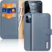 DUX DUCIS Hivo-serie koeienhuid + PU + TPU lederen horizontale flip-hoes met houder en kaartsleuven voor iPhone 12 Pro (lichtblauw)