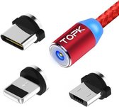 TOPK 1 m 2,4 A max USB naar 8-pins + USB-C / Type-C + micro-USB nylon gevlochten magnetische oplaadkabel met LED-indicator (rood)