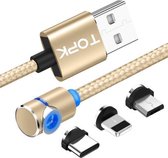 TOPK 1m 2.4A Max USB naar 8-pins + USB-C / Type-C + Micro USB 90 graden elleboog magnetische oplaadkabel met LED-indicator (goud)