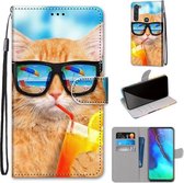 Voor Motorola Moto G Stylus (2020) Gekleurde tekening Cross Texture Horizontale Flip PU lederen hoes met houder & kaartsleuven & portemonnee & lanyard (Cat Drinking Soda)