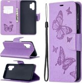 Voor Samsung Galaxy A32 5G Embossing Twee Vlinders Patroon Horizontale Flip PU Lederen Case met Houder & Kaartsleuf & Portemonnee & Lanyard (Paars)