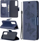 Voor Huawei P smart 2021 / Y7a Twee vlinders Embossing patroon Horizontale flip lederen hoes met houder & kaartsleuf & portemonnee & lanyard (donkerblauw)