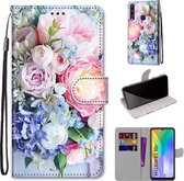 Voor Huawei Y6p Gekleurde Tekening Cross Textuur Horizontale Flip PU Lederen Case met Houder & Kaartsleuven & Portemonnee & Lanyard (Lichtroze Boeket)